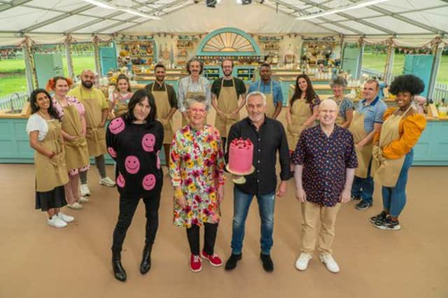 Contestants from the 12th series of The Great British Bake Off pose with judges Paul Hollywood and Prue Leith anf hosts Matt Lucas and Noel Fielding. (credit: Channel 4)