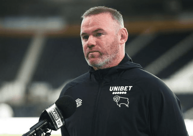 Wayne Rooney, manager of Derby County, is interviewed after the pre-season friendly match against Real Betis at Pride Park on July 28, 2021 in Derby, England. (Photo by Charlotte Tattersall/Getty Images)