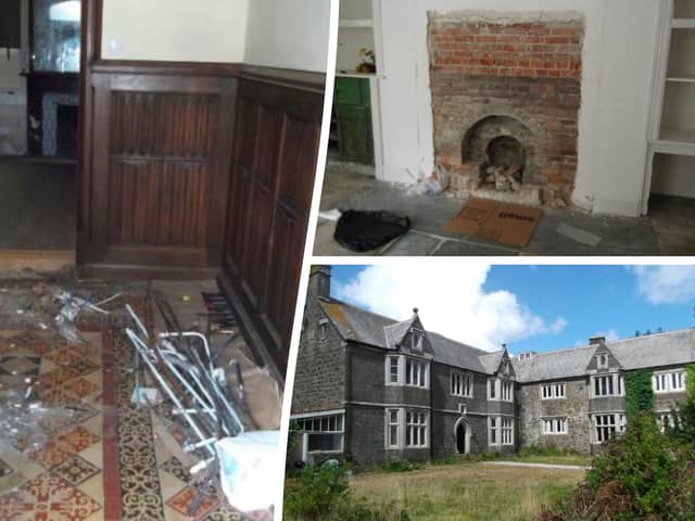 These pictures show the 'war zone' that greeted a family arriving for the first time at their historic Â£1.5m manor home - after the seller 'gutted' it before completion