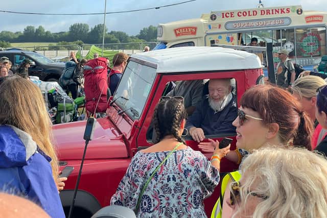 Glastonbury Festival founder Michael Eavis was spotted greeting attendees from his Land Rover as the gates to the iconic music festival opened