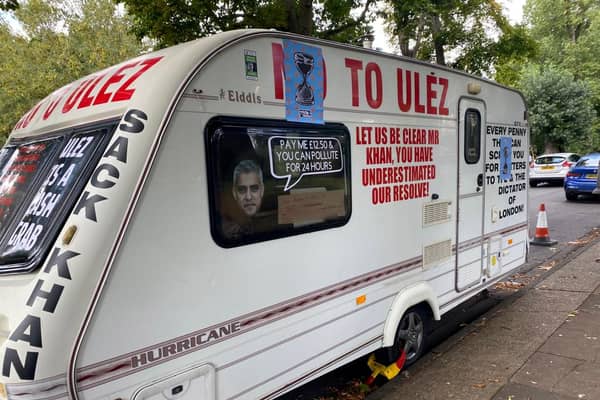 This caravan covered in ULEZ protest slogans was chained outside Sadiq Khan’s house in Tooting, London.