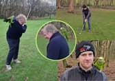 The friendly parrot decided it wanted in on the action, and perched on the backs and shoulders of two of the golfers as they attempted to take their shots