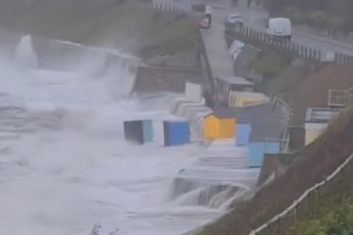 Video: Beach huts blow into the sea during Storm Pierrick