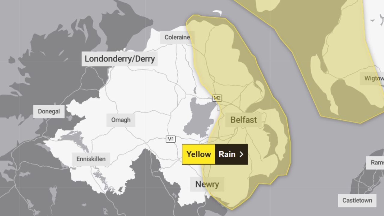 The Met office yellow rain warning for parts of Northern Ireland reads ...