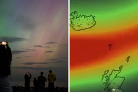 An image of the Northern Lights in England in 2024 and a Met Office map showing where the Northern Lights could be visible in the UK on October 28 2025.
