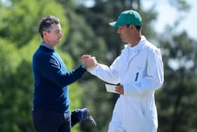 Rory McIlroy and caddie Harry Diamonf on the 18th at Augusta National