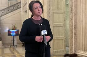   Infrastructure minister Liz Kimmins speaks to reporters at Stormont following the conclusion of the inquest into the death of Belfast school boy Noah Donohoe, who was found dead in a storm drain in north Belfast in June 2020, six days after he went missing while cycling to meet friends.  