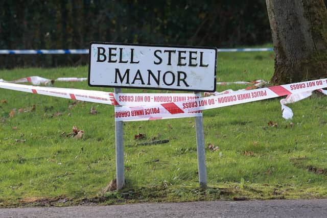 Police tape at the scene of the shooting in the Bell Steel Manor area of Dunmurry, west Belfast