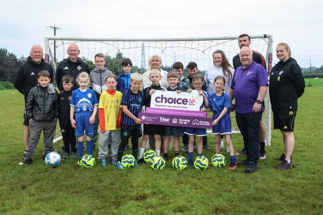 Pictured (L-R) are coaches Joe Doherty and Seamus Heath, Joanne McGowan (Choice Housing Officer), Patrick McClean (City of Derry Football Club), Mark Kent (Choice Good Relations Officer) and Coach Rosie McColgan.