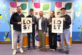 The creative Ulster University students behind a charity advertising campaign are pictured with Jim Adams from Genesis Advertising and Gerard Anderson from charity Brain Injury Matters