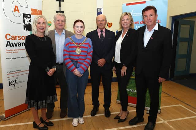 1.	Principal of Malone IC Áine Leslie, host Dan Gordon, Lord Mayor of Belfast Róis-Máire Donnelly, Sir Mark Horner, Edna Carson and Tony Carson.
