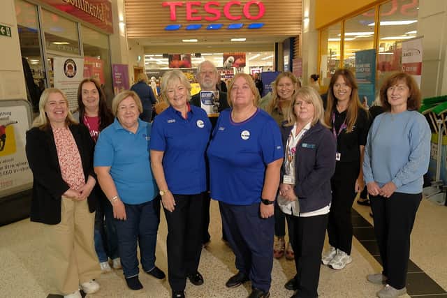 Charity representatives Pamela Keery, Alyson Dollin (Caroline Edmondson (Community Champion at Tesco Bangor), Alan Kinghan, Donna McCotter (Community Champion at Tesco Yorkgate), Lauren Shanks, Paula Kennedy, Sarah Jewell and Moira McCallan.