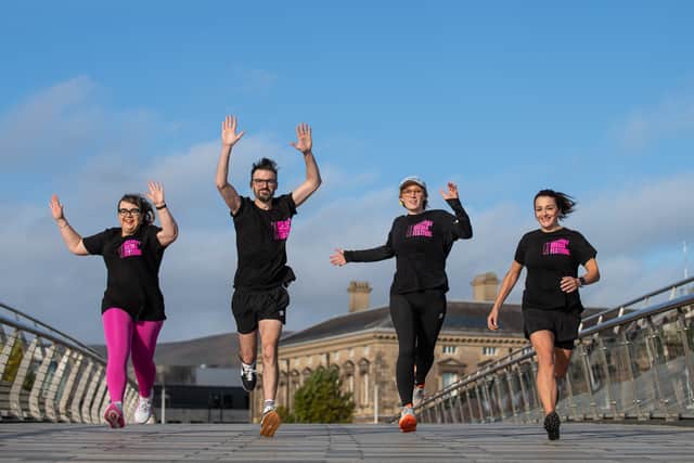 Pictured at the launch of Belfast Media Festival (which this year features a 5k run for the first time) are Zoe Robinson (BBC), Ben O’Loan and Sharon Whittaker from Yolk Films with Vittoria Cafolla (BMF)