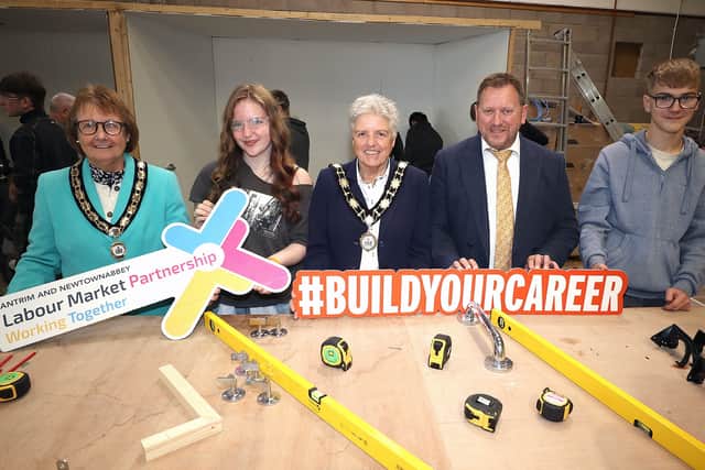 (L-R) Deputy Mayoress Valerie English, Peyton Duffy student from Parkhall Integrated College, Deputy Mayor of Antrim and Newtownabbey, Councillor Alison Bennington, CITB Chief Executive Bary Neilson, Eoin Rintoul Parkhall Integrated College