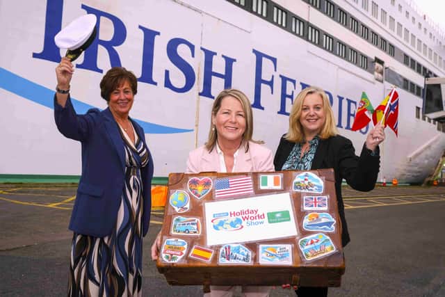 ALL ABOARD: Celebrating the launch of Holiday World Show Belfast 2027 are Maria Hourican (centre), Holiday World CEO, with Marie McCarthy (left) and Nora Costello of new headline sponsor Irish Ferries.