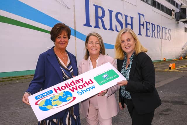 ALL ABOARD: Celebrating the launch of Holiday World Show Belfast 2027 are Maria Hourican (centre), Holiday World CEO, with Marie McCarthy (left) and Nora Costello of new headline sponsor Irish Ferries.