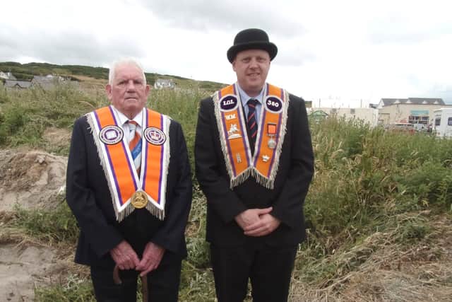 Left Ivan Gillespie and right Stevan Patterson at Rossnowlagh Co. Donegal in 2018. Ivan was 90 and still proud to walk as a life long Orangeman.