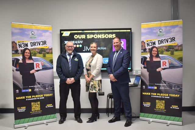 Davy Jackson, Chair of Road Safe NI Charity, Paula Mahoney, Marketing Director at CRASH Services, and Stevie Dickson, Presenter.