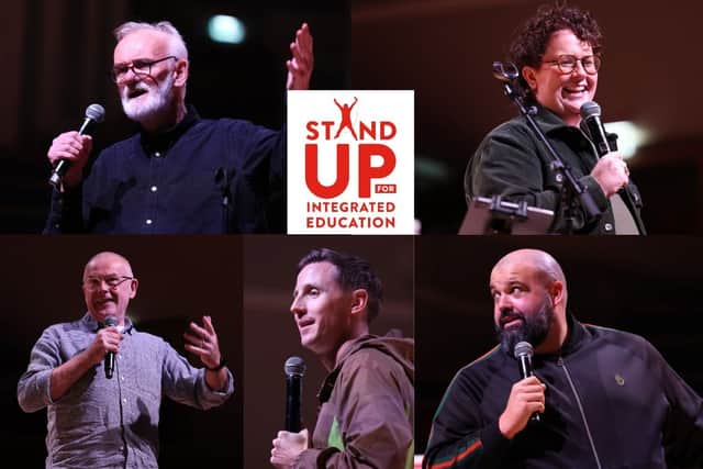 Tim McGarry, Emer Maguire, Colin Murphy, Shane Todd and Dave Elliott at Stand-up for Integrated Education 2026.