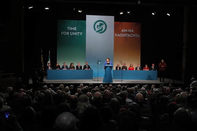 Sinn Fein President Mary Lou McDonald giving her keynote speech during her party's ard fheis (annual conference) at the Millenium Forum in Londonderry. Photo: Brian Lawless/PA Wire