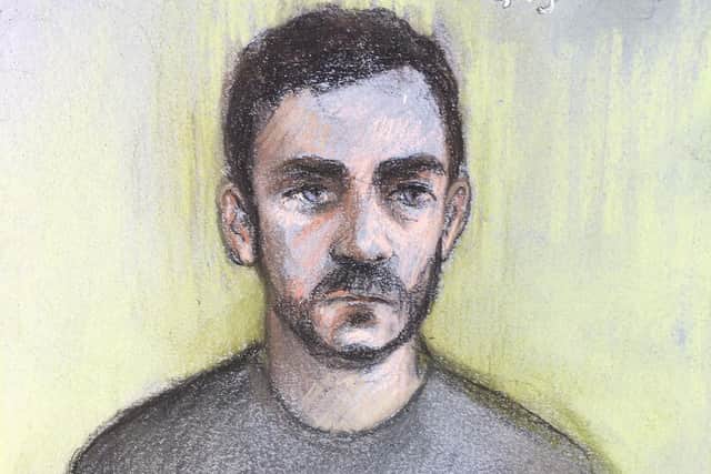 Court artist file sketch by Elizabeth Cook of lorry driver Maurice Robinson, 25, appearing by video-link at Chelmsford Magistrates' Court, Essex. (Image: Elizabeth Cook/PA Wire)