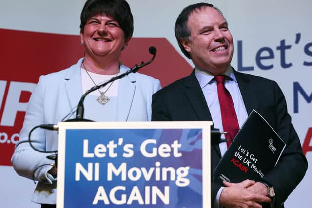 DUP leader Arlene Foster and the party's Westminster leader Nigel Dodds at the DUP's General Election manifesto launch at W5 in Belfast. Photo: Brian Lawless/PA Wire