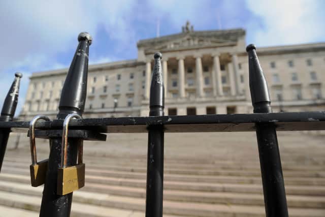 A general view of the locked gates at Stormont in Belfast