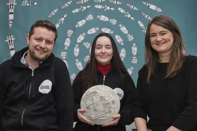 Méabh Rooney (centre)  with Chris McCreery, director of the Science Festival and Sarah Jones from Creative & Cultural Skills NI.