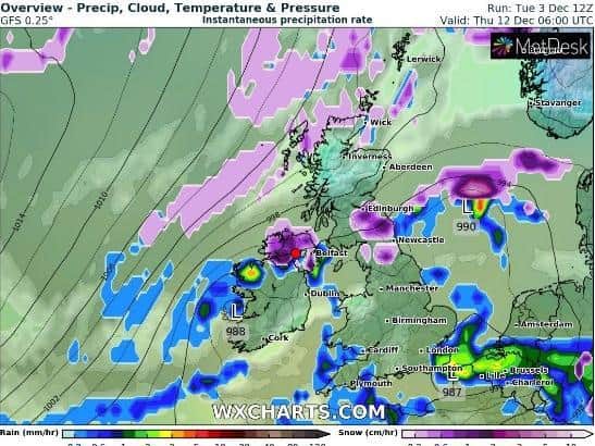 The purple section over Northern Ireland in this image denotes snowfall.
