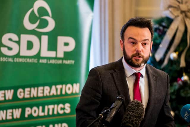 Colum Eastwood leader of the SDLP and Foyle general election candidate speaking at the launch of the party's manifesto at the Bishop' Gate Hotel in Derry City