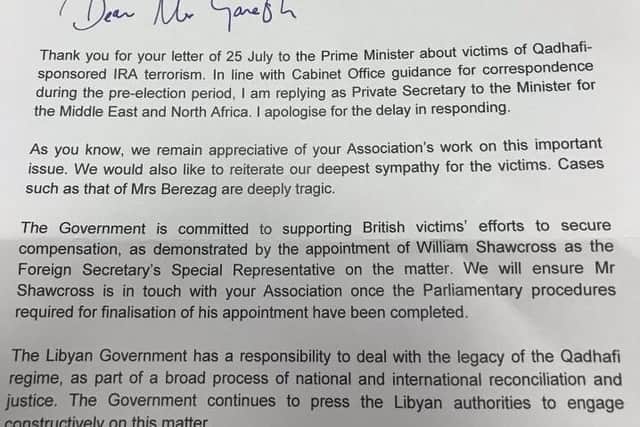 The Foreign Office letter offering sympathy to victims of the 1996 bomb. Photo: DVA/PA