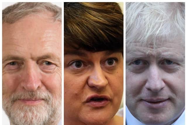 From left to right, Labour party leader, Jeremy Corbyn, DUP leader, Arlene Foster and prime minister and leader of the Conservatives, Boris Johnson.