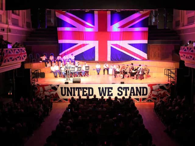 Handout photo issued by Forgotten Voices mediagroup of crowds attending the Rally for the Union at the Ulster Hall, Belfast, on Friday night where organisers say calls were made to resist the Prime Minister's Brexit deal.