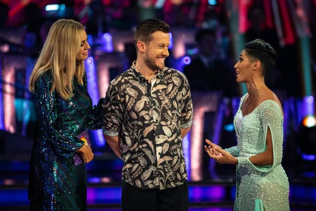 BBC handout photo of host Tess Daly with Chris Ramsay and Karen Hauer after the comedian became the latest celebrity to be voted off BBC1's Strictly Come Dancing