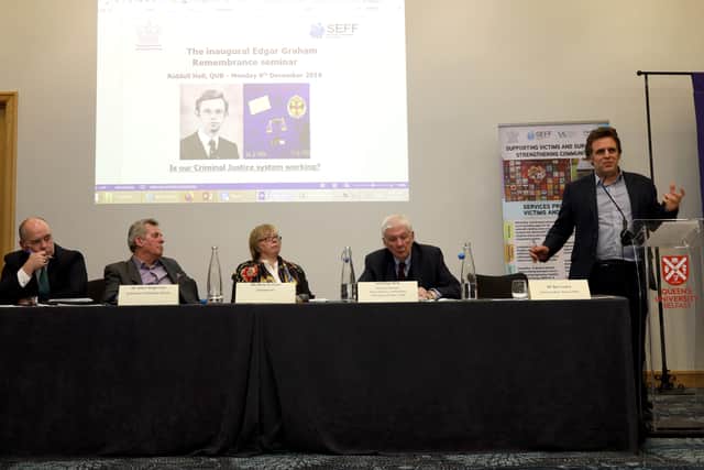Monday night’s inaugural Edgar Graham remembrance seminar at Riddell Hall, Queens University, in memory of the politician and lawyer murdered by the IRA in 1983. Ben Lowry, deputy editor of the News Letter, addresses the event. From left, Assistant Chief Constable George Clarke, Alban Maginness, Edgar’s sister Anne Graham, who was chair, Professor Lord Bew. The panel discussed ‘Is our criminal justice system working?’. Pic Laura Davison/Pacemaker Press