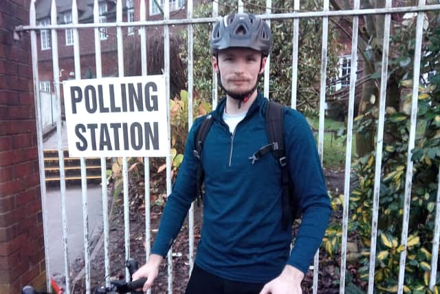 DUP voter Jordan Cunningham, age 26 at Elmgrove Pimary School voting station.
"I recognise criticisms of the DUP and don't agree with their every policy but being pro life is important to me and many young people"