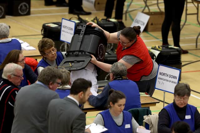 Ballot boxes being counted at the Aurora Leisure Centre, Bangor for North Downg. 
Photo Laura Davison/Pacemaker Press