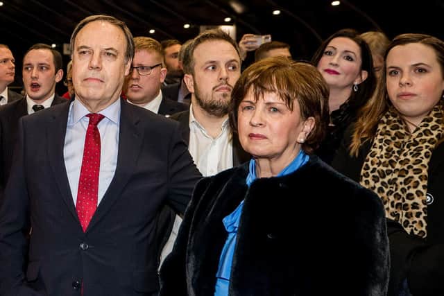 The DUP's Nigel Dodds comforts his wife Diane after losing the Belfast North seat at the Titanic exhibition centre, Belfast, for the 2019 General Election. PA Photo