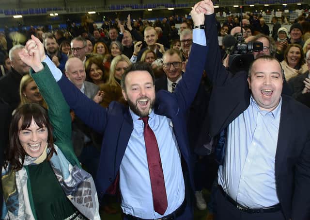 The SDLP’s Nichola Mallon, Colum Eastwood and Brian Tierney celebrate the party's emphatic win in Foyle