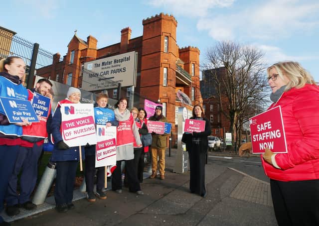 Nurses and other health workers outside the Mater Hospital in Belfast as part of ongoing industrial action across Northern Ireland
