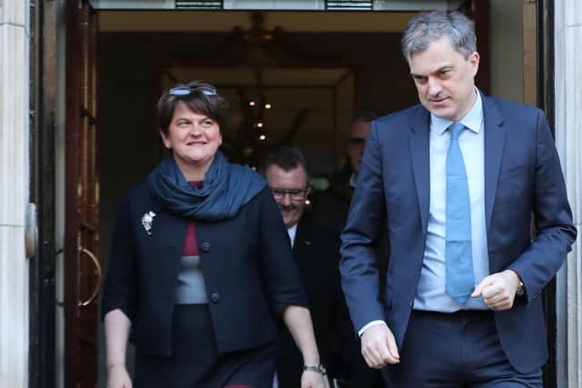 DUP Leader Arlene Foster and Northern Ireland Secretary Julian Smith after talks to restore the Northern Ireland Powersharing executive at Stormont House in Belfast.
