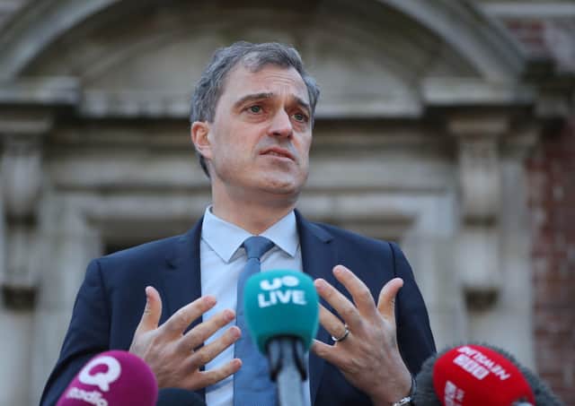Secretary of State Julian Smith speaks to the media at the beginning of talks to restore the Northern Ireland Powersharing executive at Stormont House in Belfast