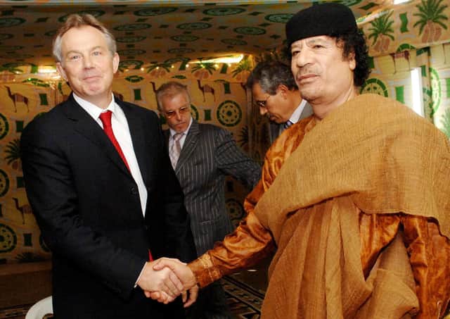 Then Prime Minister Tony Blair meeting Libyan leader Colonel Muammar Gaddafi at his desert base outside Sirte south of Tripoli in 2007. Photo: Stefan Rousseau/PA Wire
