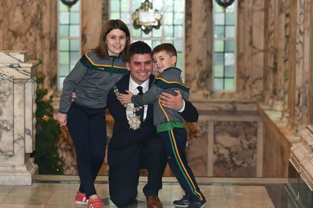 Councillor Daniel Baker Lord Mayor of Belfast with children Mia and Sean.