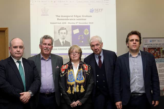 Panel members from the inaugural Edgar Graham Remembrance seminar held at Riddel Hall, Queens on December 9 2019. From left Assistant chief constable George Clarke, ex SDLP MLA Alban Maginnis, event chair Ann Graham, historian Lord Paul Bew and News Letter deputy editor Ben Lowry. 
Photo Laura Davison/Pacemaker Press