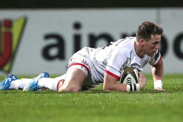 Craig Gilroy goes over for a try to secure a bonus point for Ulster in their defeat against Leinster