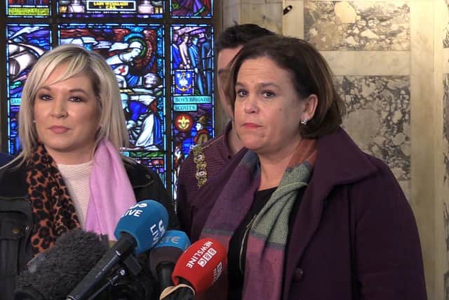 Sinn Fein's Michelle O'Neill and president Mary Lou McDonald speaking to the media at Belfast City Hall