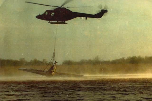 The Wildcat being lifted from Portmore Lough 40 years after it had crash landed