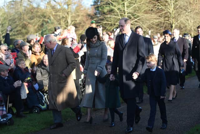 The Prince of Wales, The Duke and Duchess of Cambridge and their children Prince George and Princess Charlotte arriving to attend the Christmas Day morning church service.  Photo: Joe Giddens/PA Wire