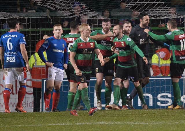 Glentoran delight at the final whistle following home success on Boxing Day over Linfield by 3-0. Pic by Pacemaker.